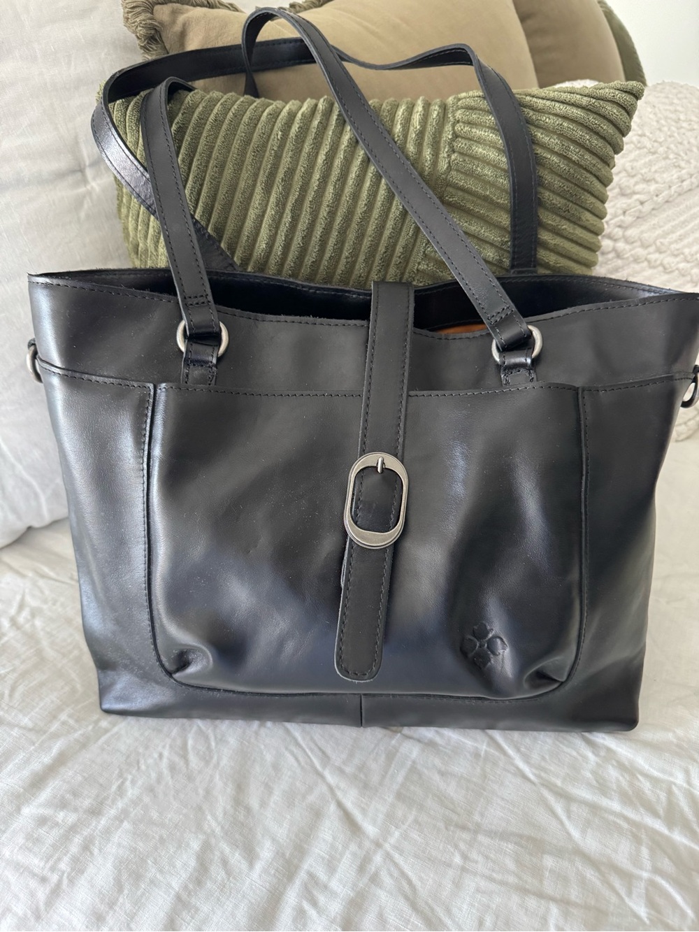 Patricia Nash Black Leather Shoulder Tote with Front Buckle